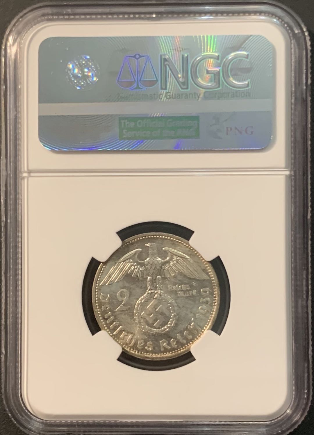 紫瑗钱币—微拍第90期  德国 1939年 A版 兴登堡 2马克 8克 0.625银 NGC MS64