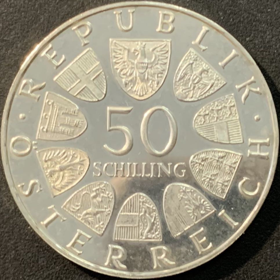 紫瑗钱币—微拍第90期  奥地利 1971年 尤里乌斯 拉贝 诞辰80周年 50先令 20克 0.9银 精制