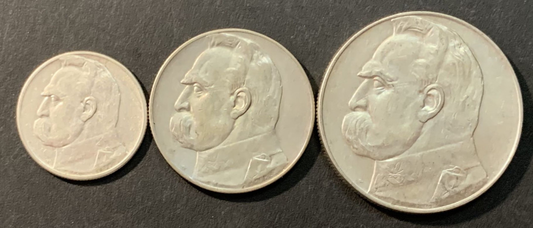 紫瑗钱币—微拍第90期  波兰 1934 36年 乔泽夫·皮尔苏斯基 2 5 10兹罗提 3枚一组 共37.4克 0.75银