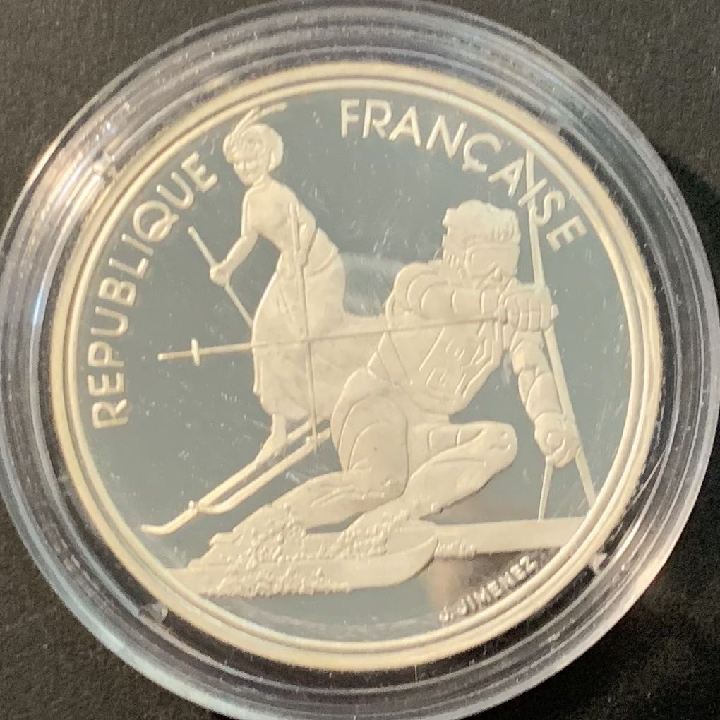 紫瑗钱币—微拍第90期  法国 1990年 92阿尔贝维尔冬奥会 双人滑雪 100法郎 22.2克 0.9银 精制 