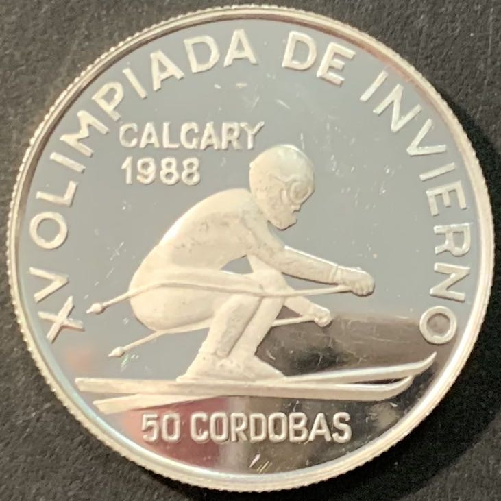 紫瑗钱币—微拍第90期  尼加拉瓜 1988年 卡尔加里冬奥会 滑雪 50科多巴 16.6克 0.825银 精制