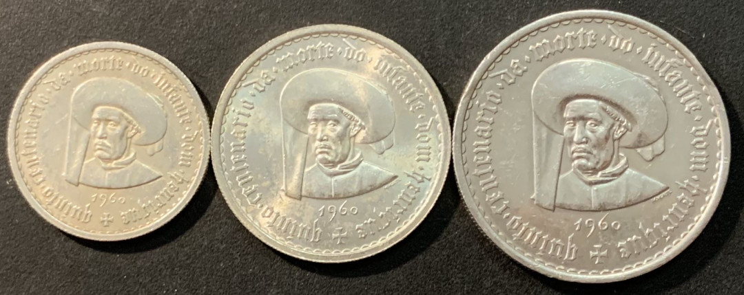 紫瑗钱币—微拍第90期  葡萄牙 1960年 亨利王子500周年  5 10 20埃斯库多 三枚一套 共40.5克 0.835银