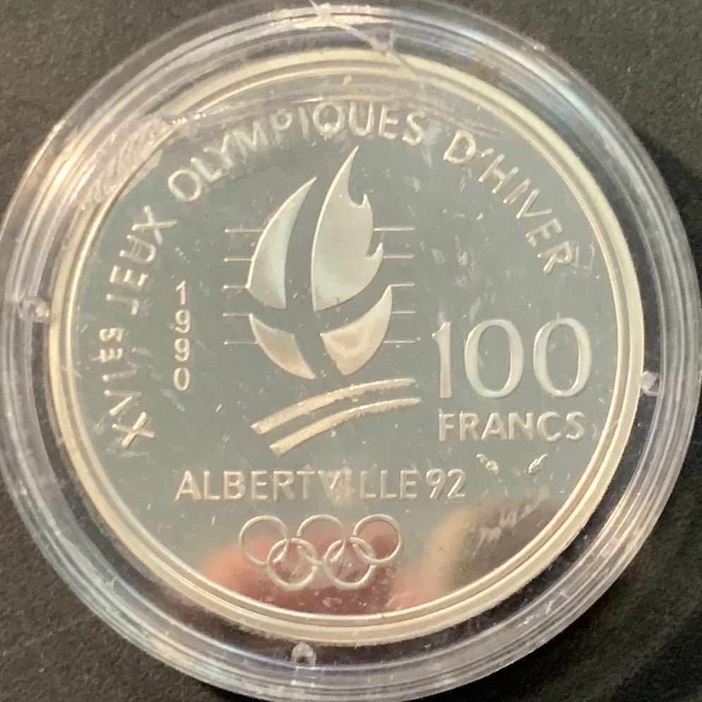 紫瑗钱币—微拍第90期  法国 1990年 92阿尔贝维尔冬奥会 双人滑雪 100法郎 22.2克 0.9银 精制 