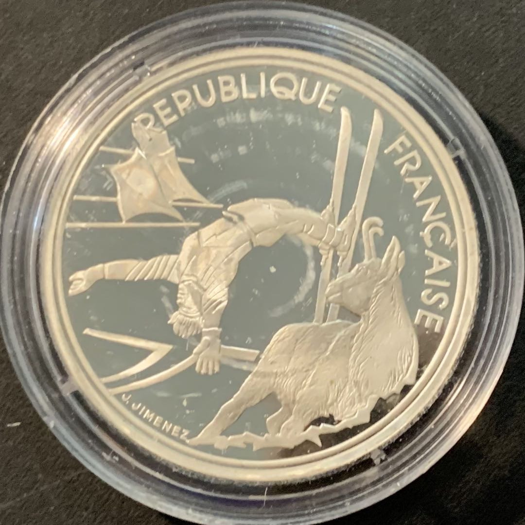 紫瑗钱币—微拍第90期  法国 1990年 自由式滑雪者和羚羊 100法郎 22.2克 0.9银 精制 
