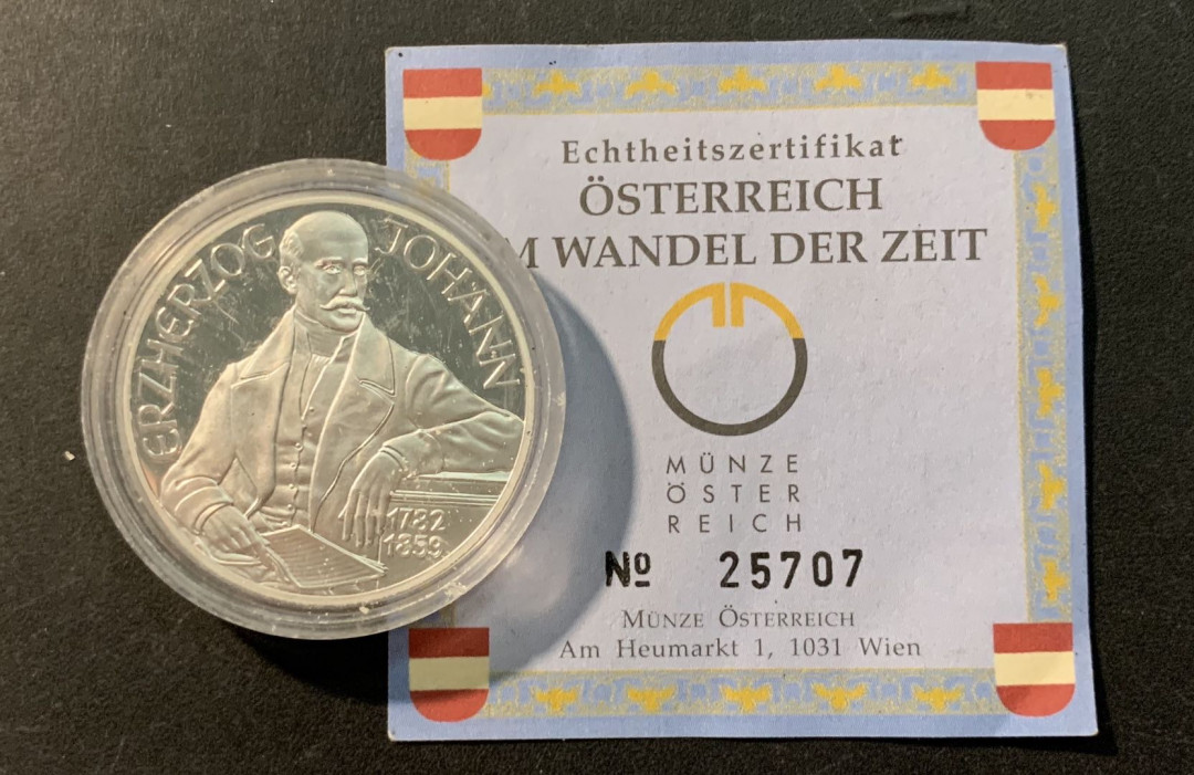 紫瑗钱币—微拍第90期  奥地利 1994年 1848革命150周年 100先令 20克 0.9银 精制 带证书