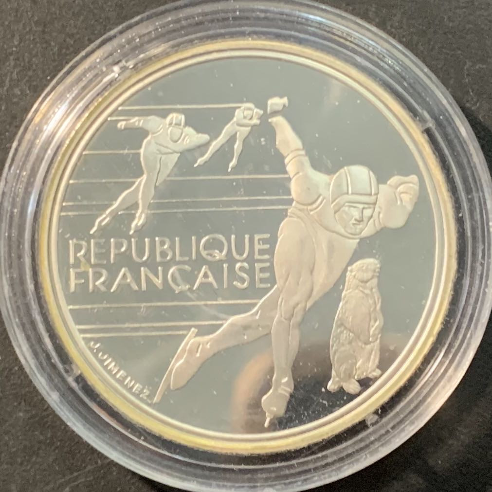 紫瑗钱币—微拍第90期  法国 1990年 92阿尔贝维尔冬奥会 速度滑冰者和高山土拨鼠 100法郎 22.2克 0.9银 精制