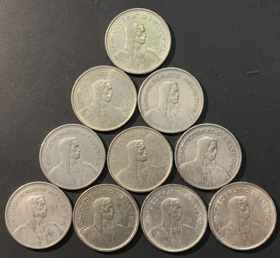 紫瑗钱币—微拍第90期  瑞士 1931—1967年 5法郎 10枚一组 共150克 0.835银