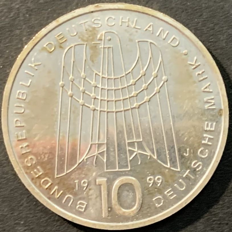 紫瑗钱币—微拍第90期  德国 1999年 J厂 SOS儿童村50周年 10马克 15.5克 0.925银