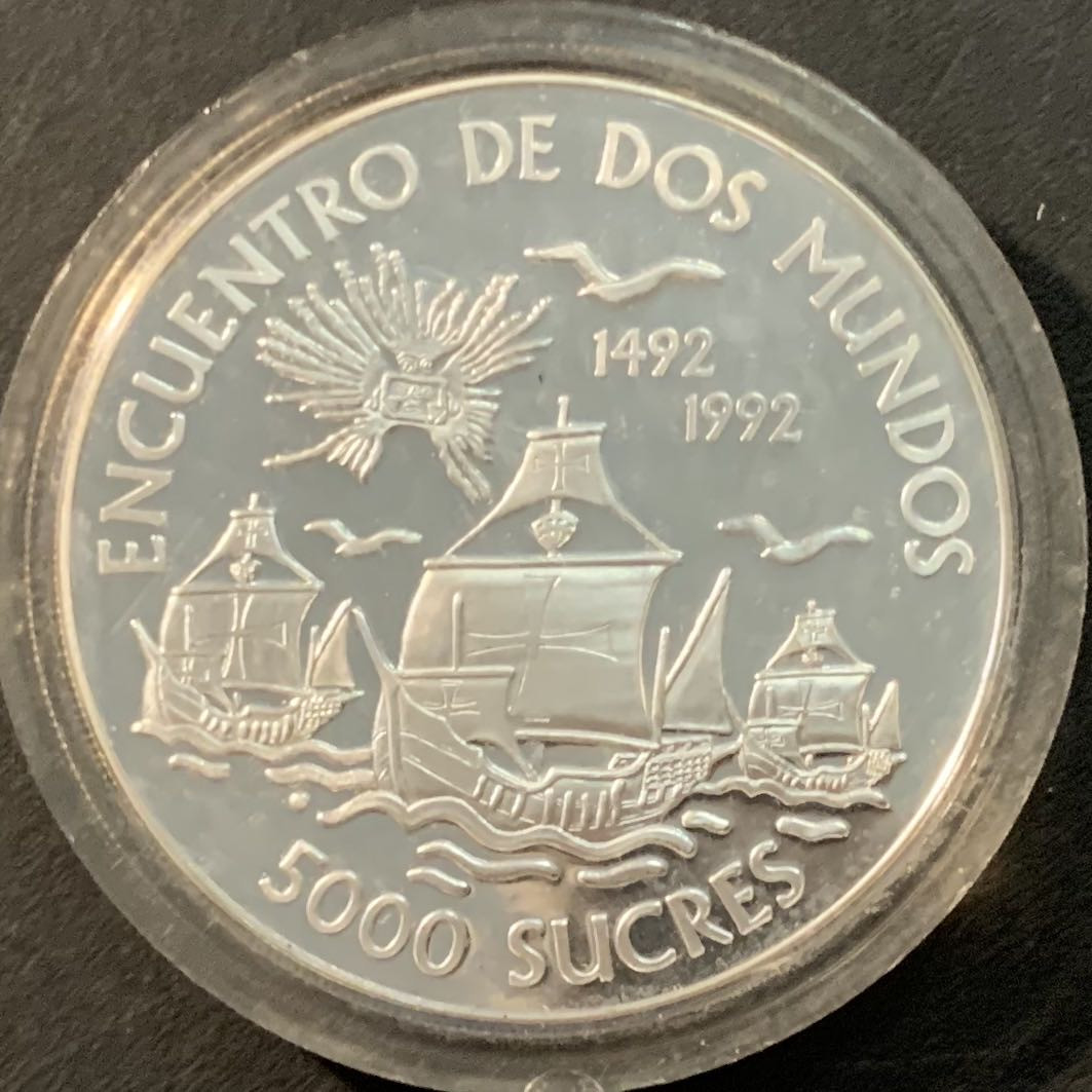 紫瑗钱币—微拍第90期  厄瓜多尔 1991年 发现美洲 帆船 5000苏克雷 27克 0.925银 精制