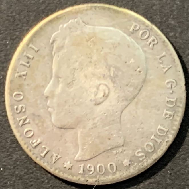紫瑗钱币—微拍第90期  西班牙 1900年 阿方索十三世 小孩头 1比塞塔 5克 0.835银