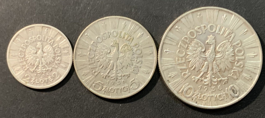 紫瑗钱币—微拍第90期  波兰 1934 36年 乔泽夫·皮尔苏斯基 2 5 10兹罗提 3枚一组 共37.4克 0.75银