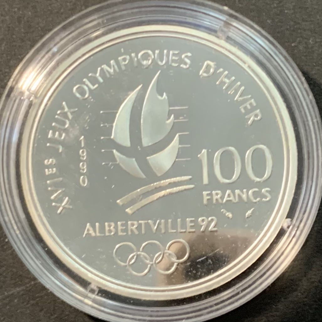 紫瑗钱币—微拍第90期  法国 1990年 92阿尔贝维尔冬奥会 双人滑雪 100法郎 22.2克 0.9银 精制 
