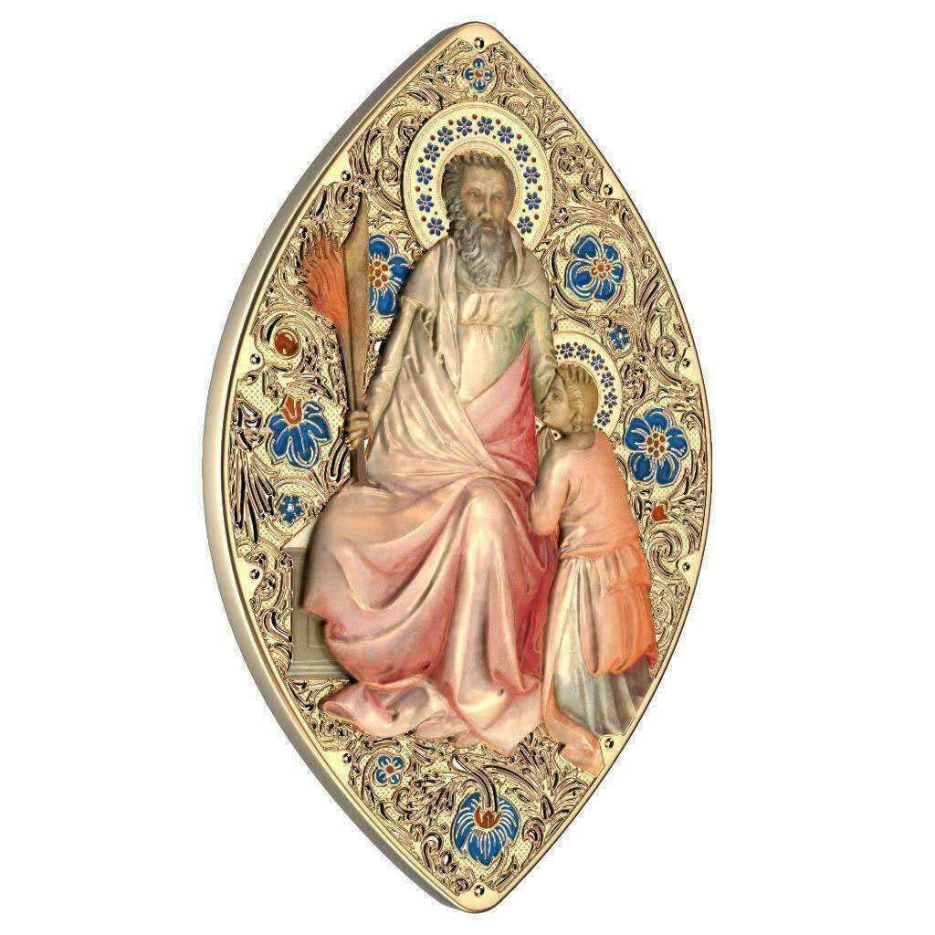 【币观天下】第115钱币拍卖  纽埃2015年2元，1盎司龙头币、超高浮雕、异形(橄榄形)、整体镀24K金、亮光彩色、币边铸编号，世界圣像遗产系列(旧约先知系列)(1) ---“亚伯拉罕与妻子撒莱”，精制艺术银币