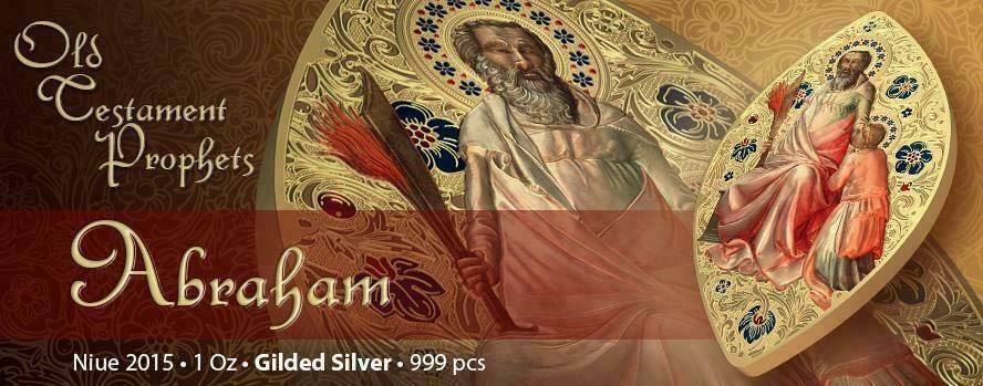 【币观天下】第115钱币拍卖  纽埃2015年2元，1盎司龙头币、超高浮雕、异形(橄榄形)、整体镀24K金、亮光彩色、币边铸编号，世界圣像遗产系列(旧约先知系列)(1) ---“亚伯拉罕与妻子撒莱”，精制艺术银币
