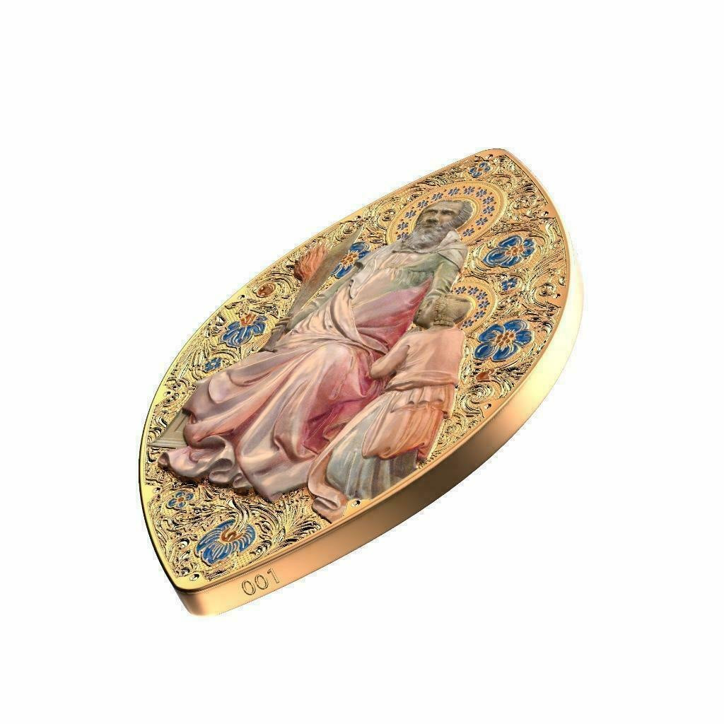 【币观天下】第115钱币拍卖  纽埃2015年2元，1盎司龙头币、超高浮雕、异形(橄榄形)、整体镀24K金、亮光彩色、币边铸编号，世界圣像遗产系列(旧约先知系列)(1) ---“亚伯拉罕与妻子撒莱”，精制艺术银币