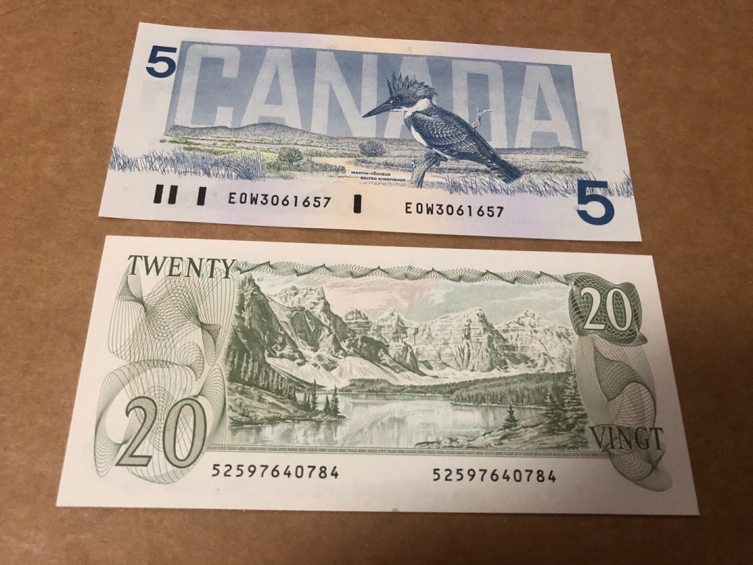 【收藏联盟】第158期拍卖——五个波斯人（共55拍） 【一组2张首签】加拿大1979年景观版20元 全新UNC 女王纸币&1986年5元 全新UNC  阿尔伯达湖和落基山