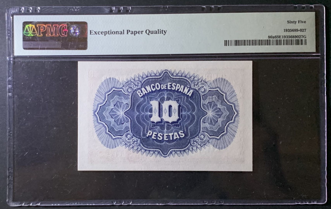 紫瑗钱币——微拍第92期—纸币场 西班牙 1935年  妇女 10比塞塔 PMG 65 EPQ (P-86a)