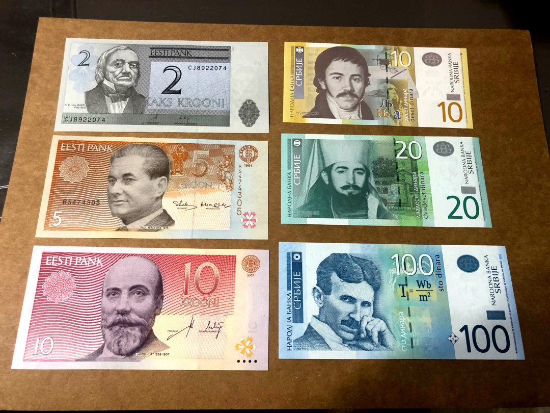 【收藏联盟】第158期拍卖——五个波斯人（共55拍） 【一组6张】爱沙尼亚1994-2007年2-5-10克朗&塞尔维亚 2011-13年10-20-100第纳尔 全新UNC 精美 包括AA首发冠