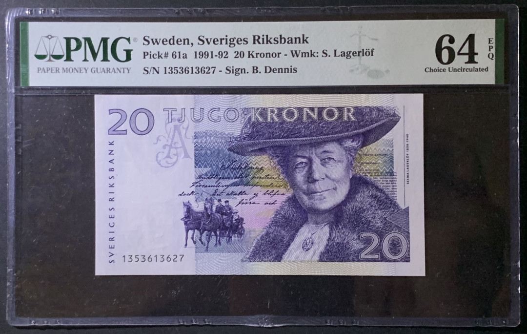 紫瑗钱币——微拍第92期—纸币场 瑞典 1991-92年 骑鹅旅行记 初版 20克朗 PMG 64 EPQ （P-61a)