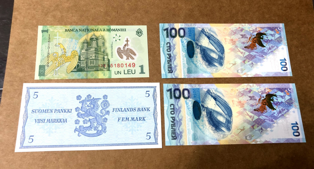 【收藏联盟】第158期拍卖——五个波斯人（共55拍） 【一组4张】芬兰 1963年5马克、俄罗斯2014年100卢布冬季奥运会纪念钞*2张、罗马尼亚2005年1列伊 全新UNC