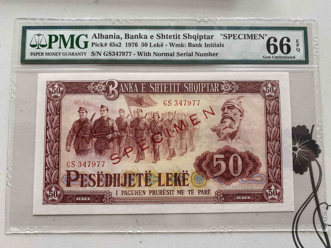 【收藏联盟】第158期拍卖——五个波斯人（共55拍） 【样钞】阿拉巴尼亚 1976年50列克 PMG66EPQ 