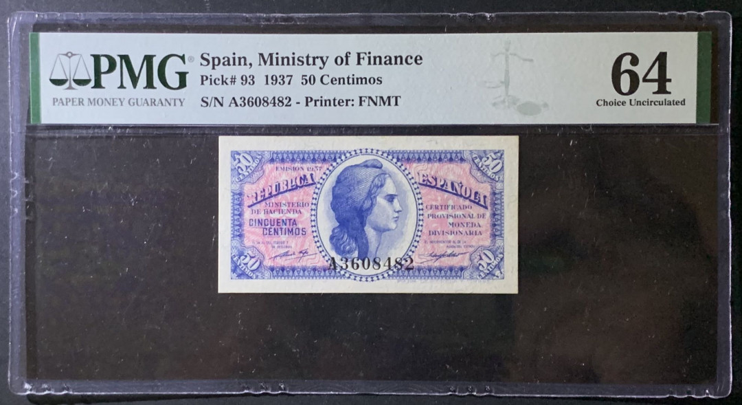 紫瑗钱币——微拍第92期—纸币场 西班牙 1937年 第二共和国 50分 PMG 64 (P-93)