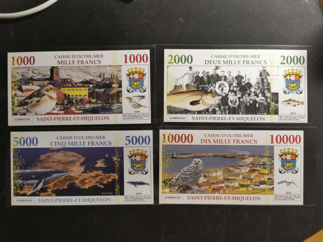 【鲸贝乐淘】千字文·第“上和下睦，夫唱妇随”号拍卖 2018,圣披得米克隆群岛商业银行钞一套，全新全品UNC 