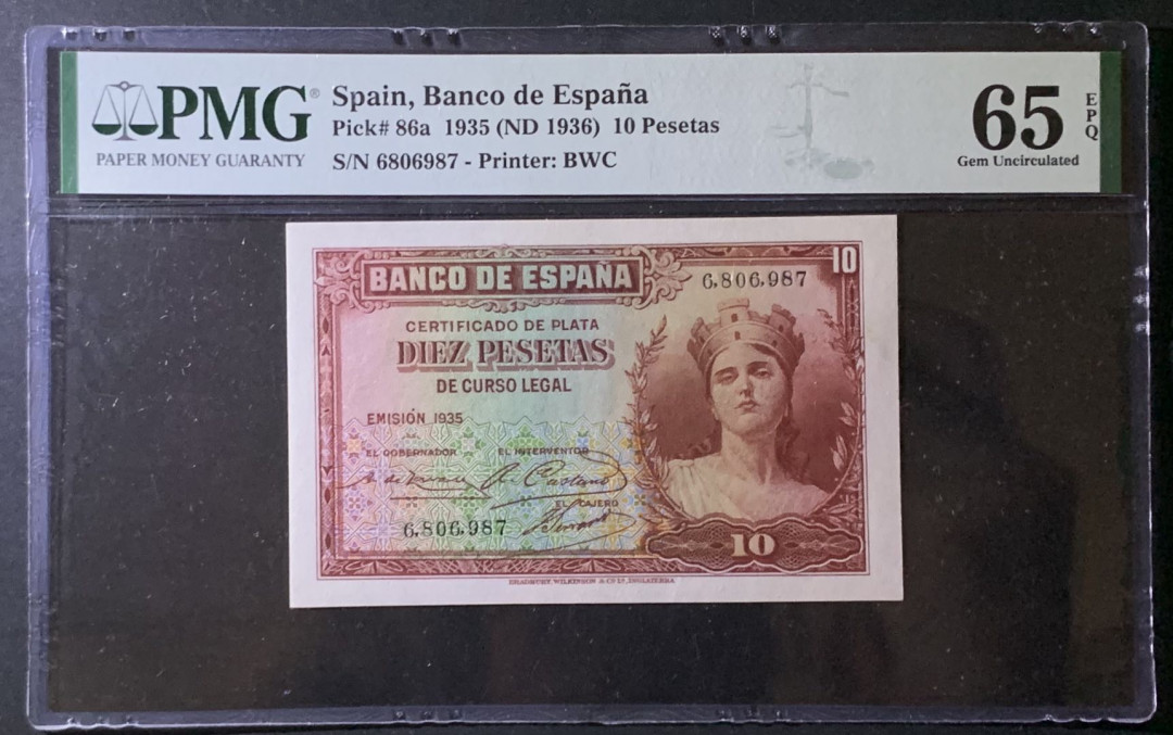 紫瑗钱币——微拍第92期—纸币场 西班牙 1935年  妇女 10比塞塔 PMG 65 EPQ (P-86a)