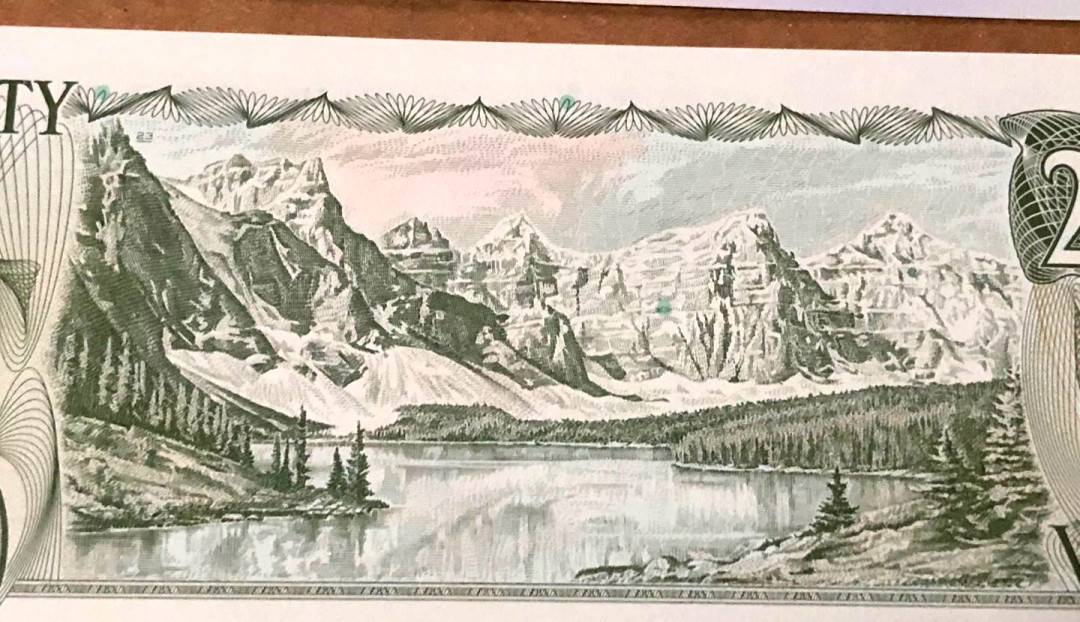 【收藏联盟】第158期拍卖——五个波斯人（共55拍） 【一组2张首签】加拿大1979年景观版20元 全新UNC 女王纸币&1986年5元 全新UNC  阿尔伯达湖和落基山