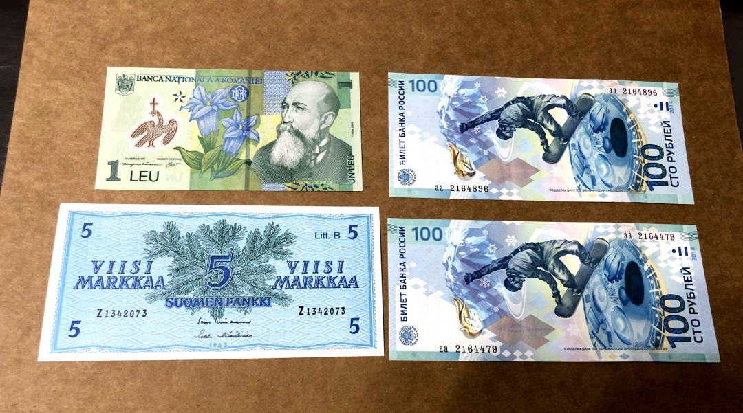 【收藏联盟】第158期拍卖——五个波斯人（共55拍） 【一组4张】芬兰 1963年5马克、俄罗斯2014年100卢布冬季奥运会纪念钞*2张、罗马尼亚2005年1列伊 全新UNC