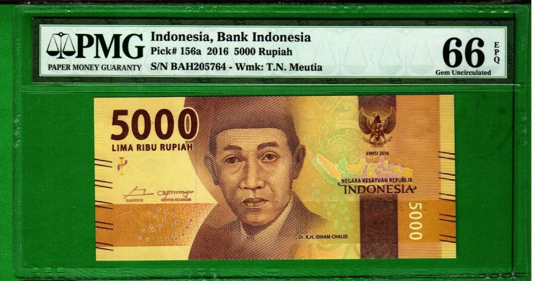 【收藏联盟】第158期拍卖——五个波斯人（共55拍） 印度尼西亚 2016年5000卢比 PMG66EPQ 背面漂亮 双雕精美