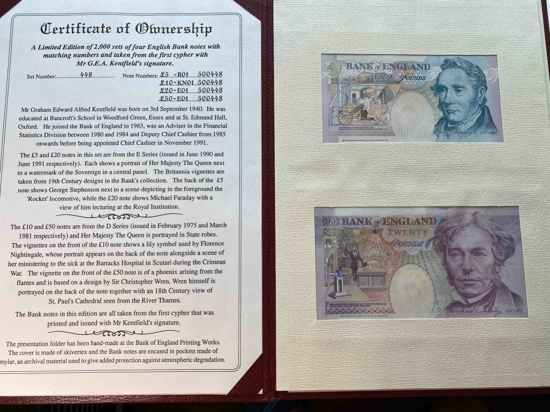 【收藏联盟】第158期拍卖——五个波斯人（共55拍） 【原装带册全同号500448】英国D序列-E序列皇冠版 5~50镑 UNC/UNC-