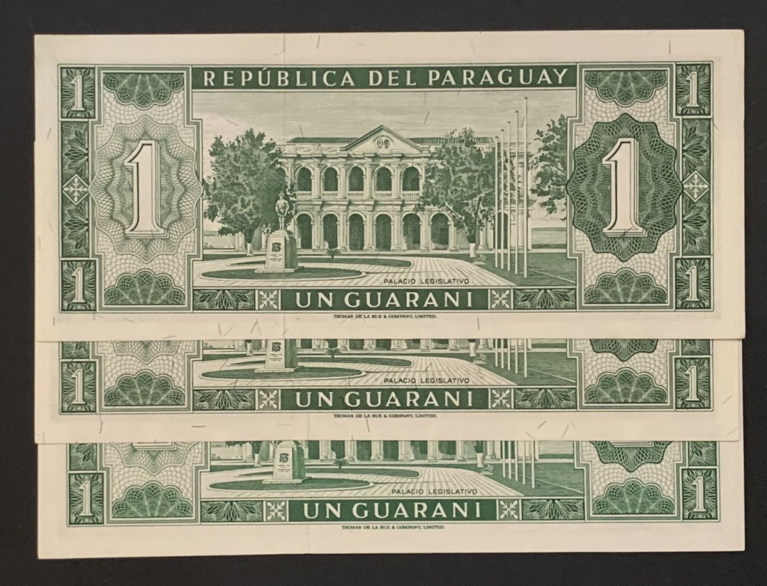 紫瑗钱币——微拍第92期—纸币场 巴拉圭 1952年 1瓜拉尼 3枚一组 UNC P-193a