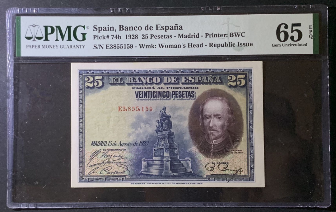 紫瑗钱币——微拍第92期—纸币场 西班牙 1928年 西班牙中央银行 卡尔德隆 25比塞塔 PMG 65 EPQ (P-74b)