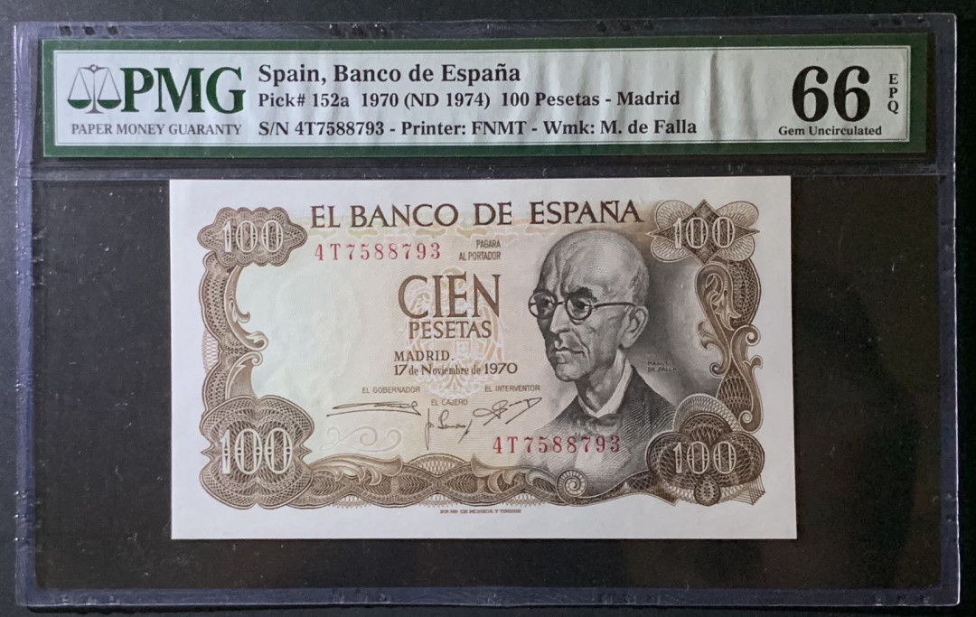 紫瑗钱币——微拍第92期—纸币场 西班牙 1970（1974）年 曼努埃尔·德法拉 100比塞塔 PMG 66 EPQ （P-152a）