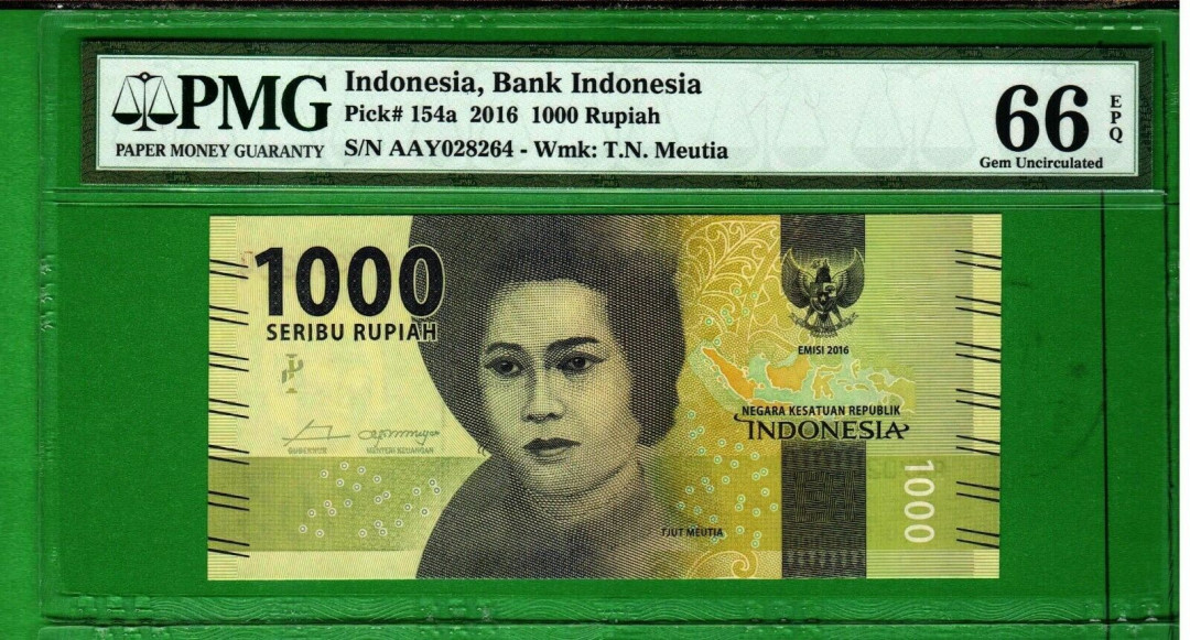 【收藏联盟】第158期拍卖——五个波斯人（共55拍） 印度尼西亚 2016年1000卢比 PMG66EPQ 背面漂亮 双雕精美