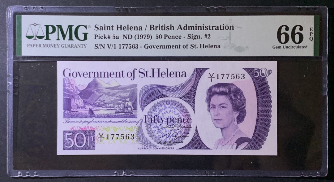 紫瑗钱币——微拍第92期—纸币场 圣赫勒拿 1979年 女王无冠 50便士 PMG 66 EPQ （P-5a）