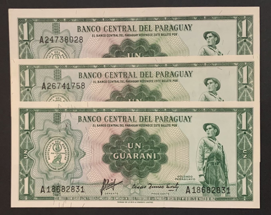 紫瑗钱币——微拍第92期—纸币场 巴拉圭 1952年 1瓜拉尼 3枚一组 UNC P-193a