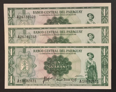 紫瑗钱币——微拍第92期—纸币场 - 巴拉圭 1952年 1瓜拉尼 3枚一组 UNC P-193a