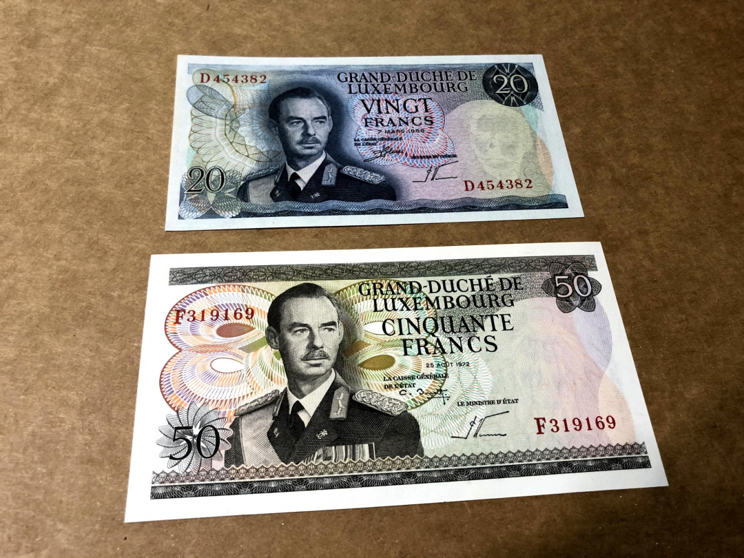 【收藏联盟】第158期拍卖——五个波斯人（共55拍） 【一组2张】卢森堡 1966年20法郎&1972年50法郎 双面雕刻 非常漂亮 全新UNC