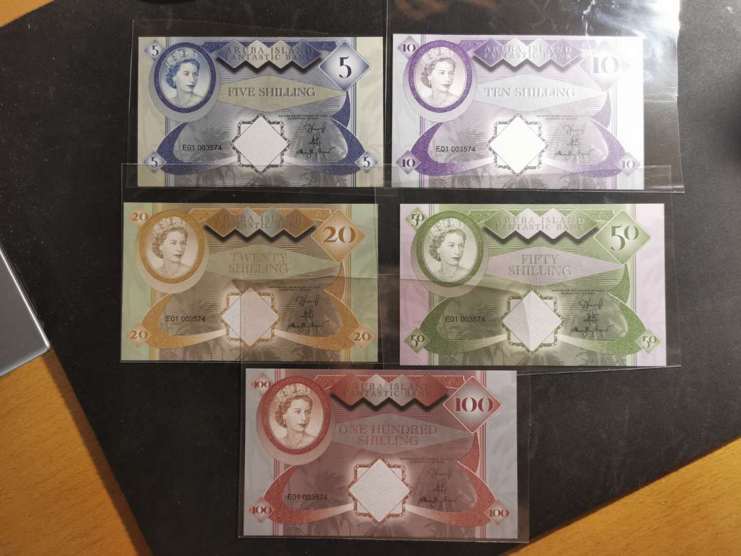 【鲸贝乐淘】千字文·第“上和下睦，夫唱妇随”号拍卖 2018，阿鲁巴岛5-100一套，全新全品UNC 