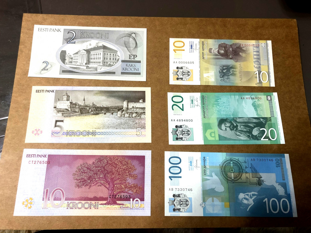 【收藏联盟】第158期拍卖——五个波斯人（共55拍） 【一组6张】爱沙尼亚1994-2007年2-5-10克朗&塞尔维亚 2011-13年10-20-100第纳尔 全新UNC 精美 包括AA首发冠