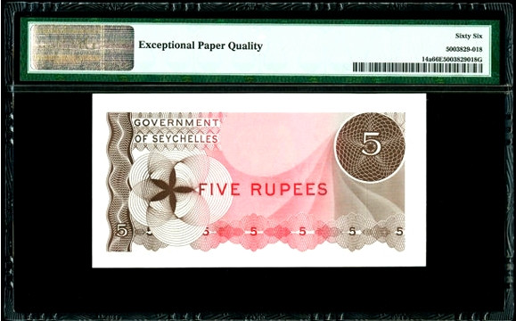 【收藏联盟】第158期拍卖——五个波斯人（共55拍） 塞舌尔 1968年5卢比 A1首发冠 PMG66EPQ  p14a 大鹦鹉 戎装女王