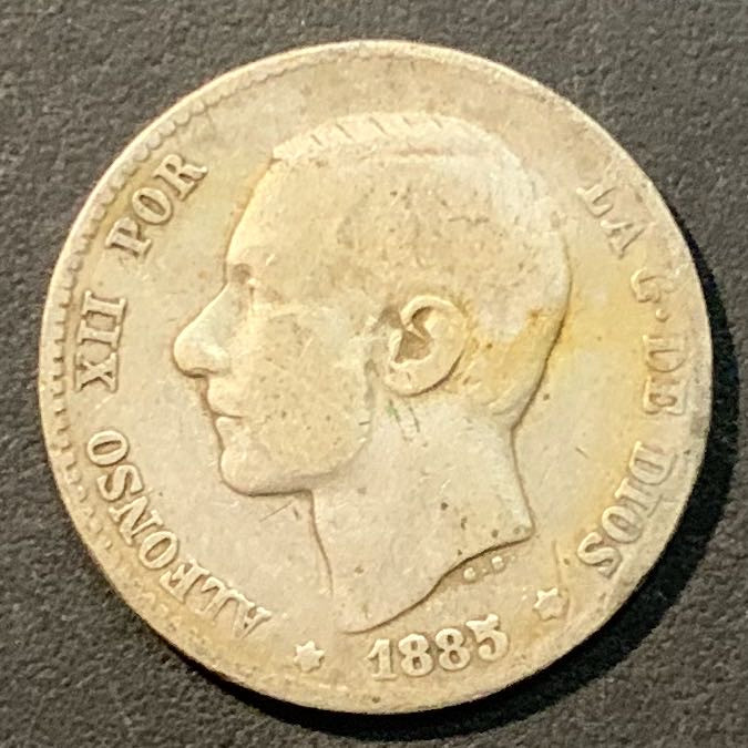 紫瑗钱币——微拍第104期 西班牙 1885年 阿方索十二世 1比塞塔 5克 0.835银