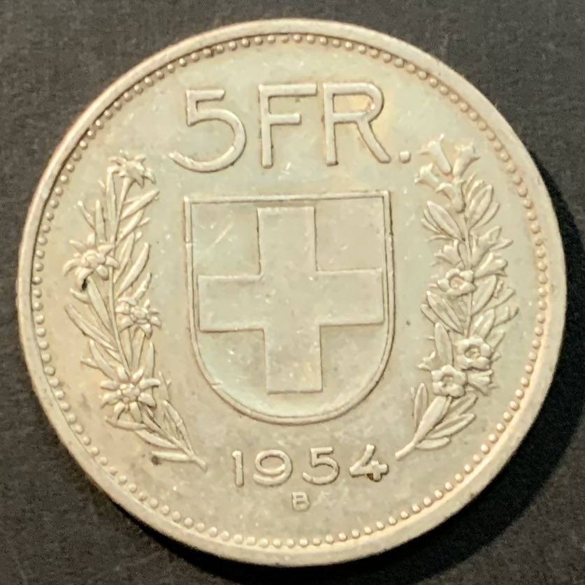紫瑗钱币——微拍第104期 瑞士 1954年 威廉·退尔 5法郎 15克 0.835银
