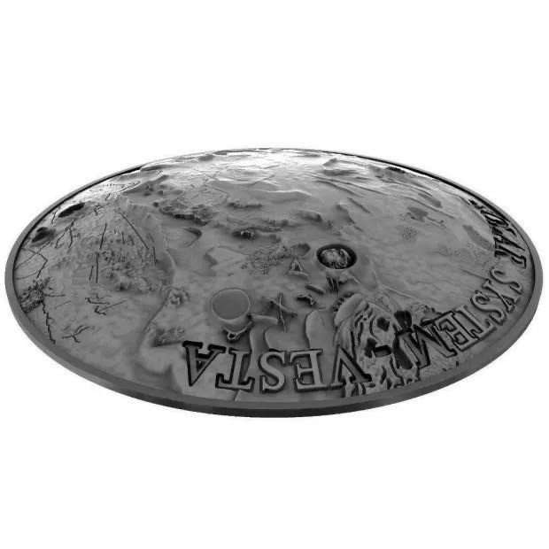 【币观天下】第116期钱币拍卖 【纽埃】纽埃2018年1元，1盎司系列币，正反凹凸球弧立体曲面、陨石镶嵌、仿古、高浮雕，太阳系系列(4)---灶神星陨石NWA8609镶嵌，精制艺术银币