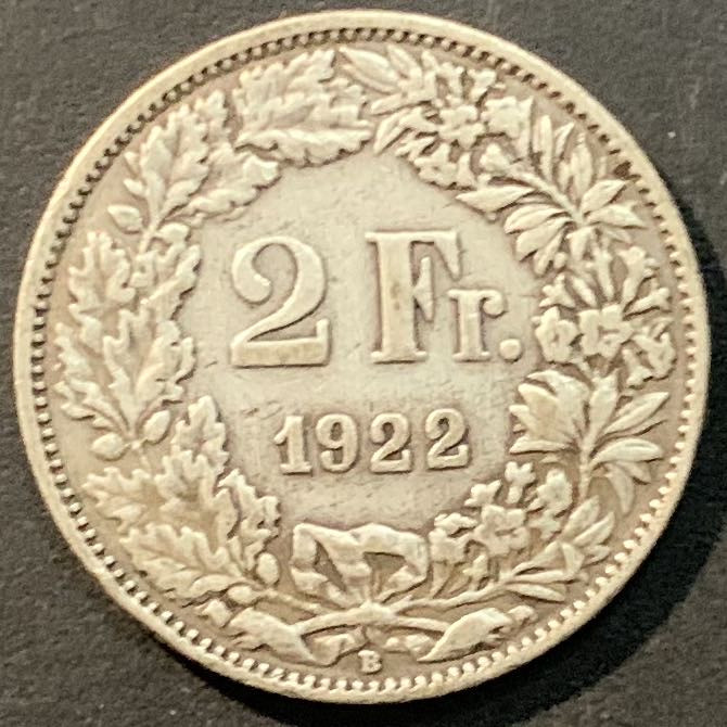 紫瑗钱币——微拍第104期 瑞士 1922年 2法郎 10克 0.835银 