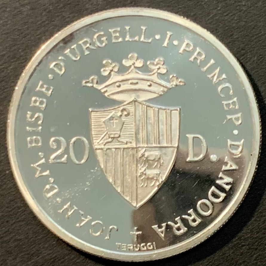 紫瑗钱币—微拍第125期  安道尔 1984年 洛杉矶奥运会 射击 20第纳尔 银币 16克 0.9银 精制