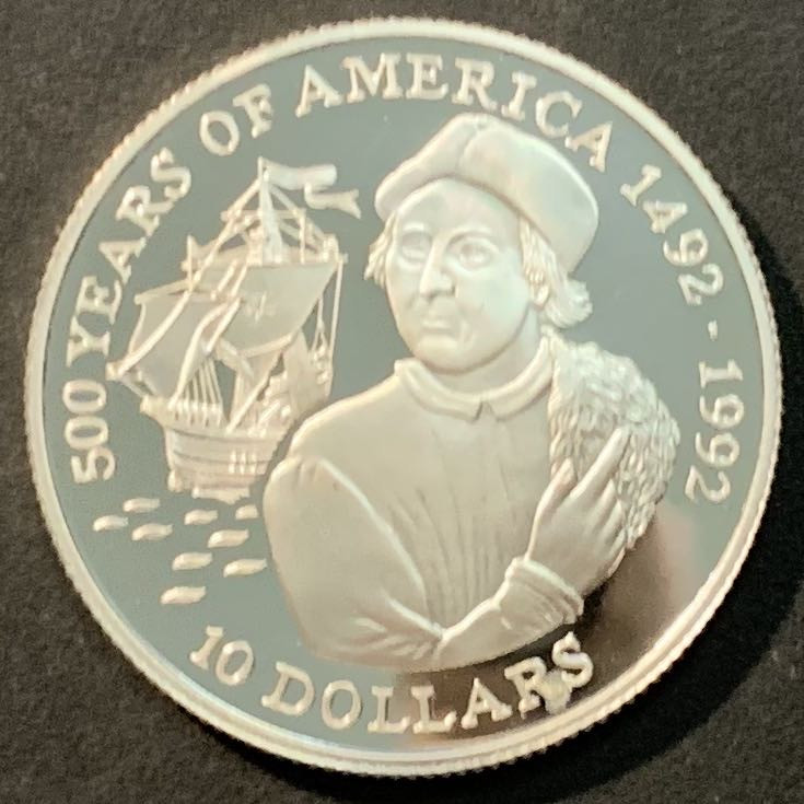 紫瑗钱币—微拍第125期  库克群岛 1990年 美洲发现500周年系列  哥伦布 10元 10克 0.925银 精制