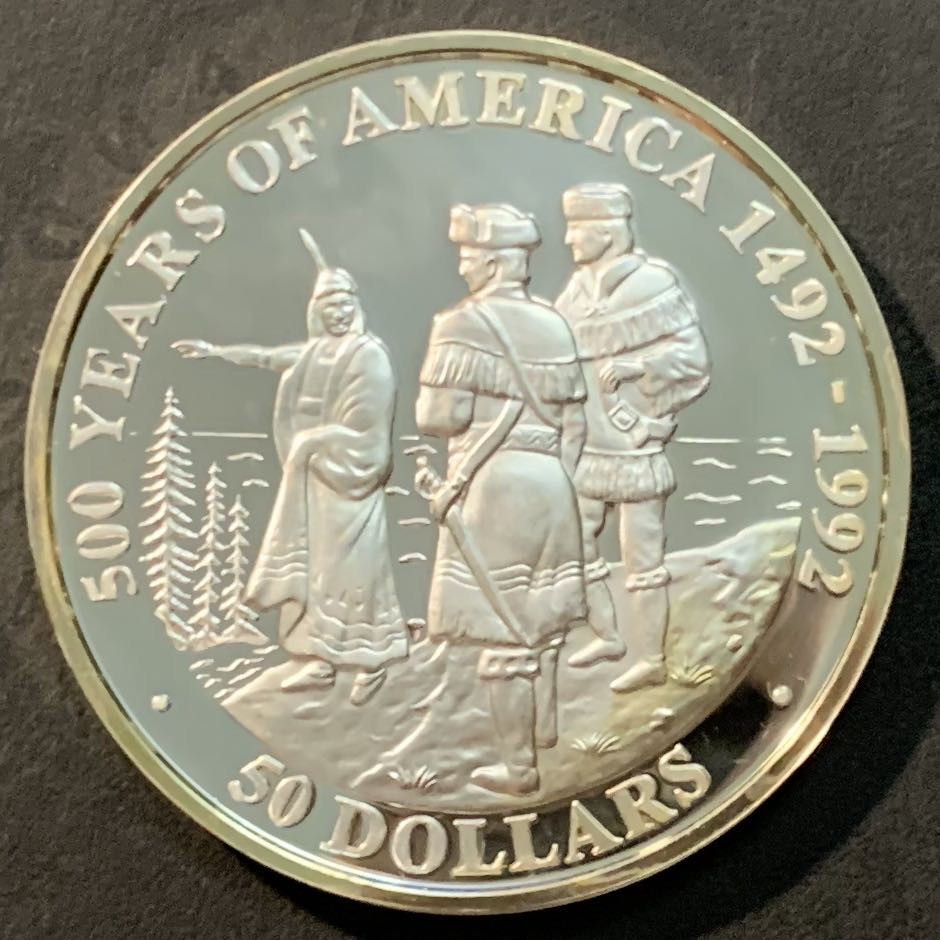 紫瑗钱币—微拍第125期  库克群岛 1992年 美洲发现500周年系列 萨卡加维亚指导刘易斯和克拉克 50元 31.1克 0.925银 精制